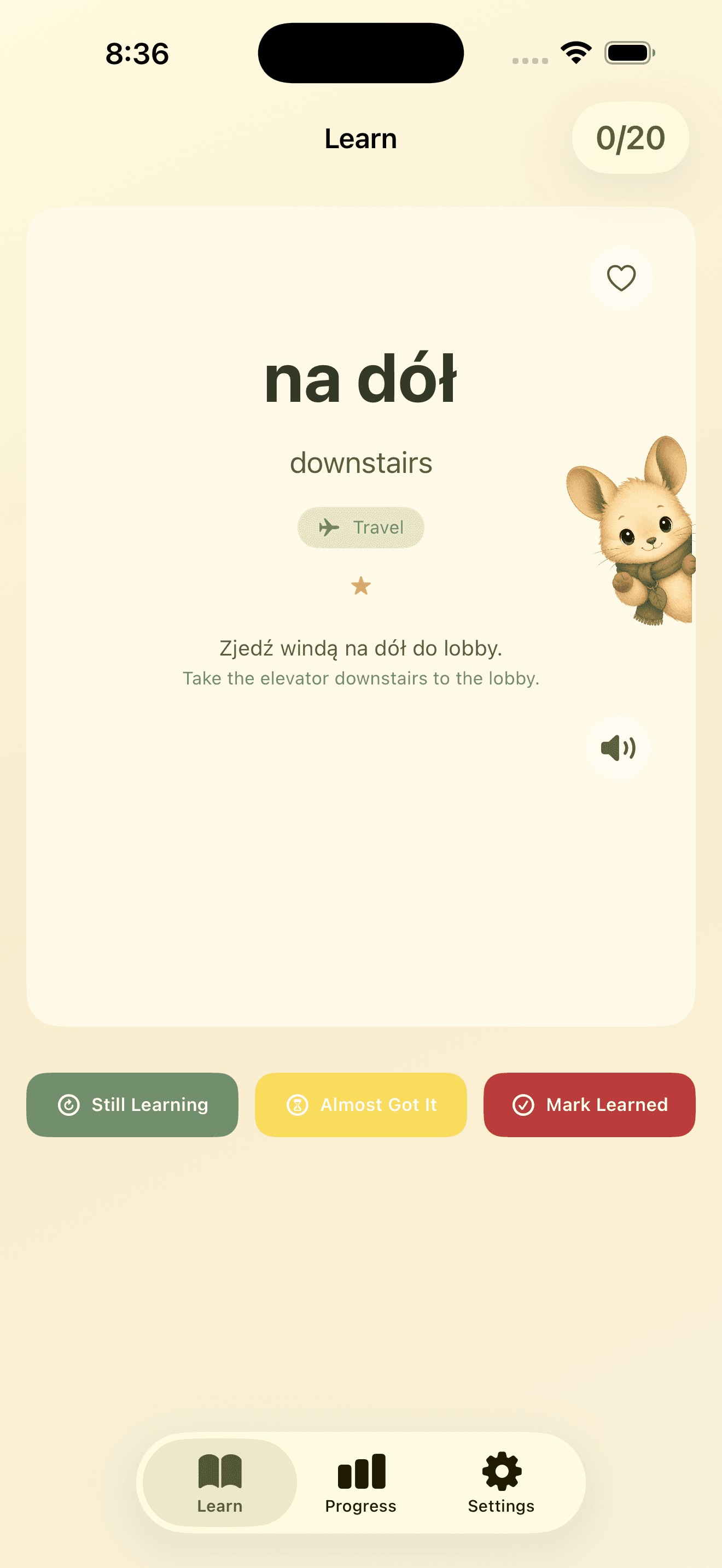 Piko daily word learning card with example sentence and progress controls